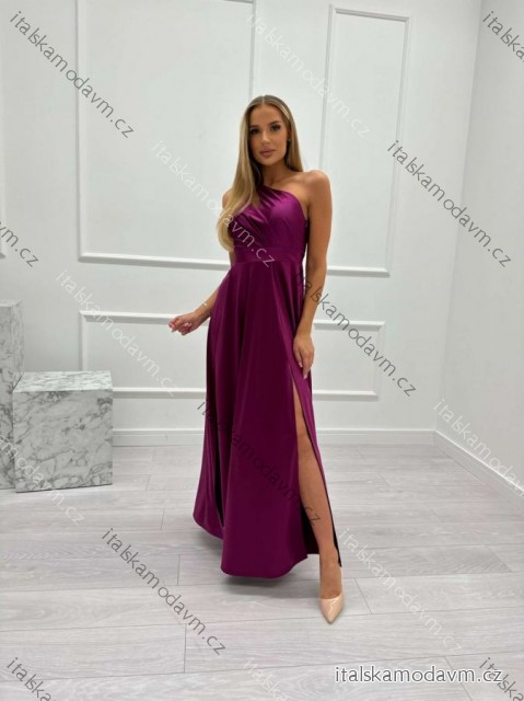 Šaty dlhé spoločenské saténové trblietavé bez rukávu dámske madrozmer (34-44) POLSKÁ MÓDA PMLMR25JULIA3 fialová 36