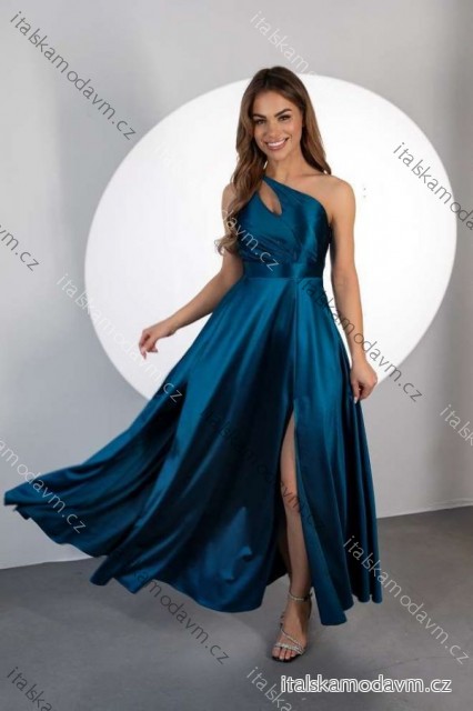Šaty dlhé spoločenské saténové trblietavé bez rukávu dámske nadrozmer (34-44) POLSKÁ MÓDA PMLMR25JULIA5 modrá petrolejová 36