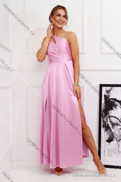 Šaty dlhé spoločenské saténové trblietavé bez rukávu dámske nadrozmer (34-44) POLSKÁ MÓDA PMLMR25JULIA6 ružová 40