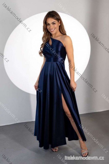Šaty dlouhé společenské saténové třpytivé bez rukávu dámské nadrozměr (34-44) POLSKÁ MÓDA PMLMR25JULIA7 tmavě modrá 42