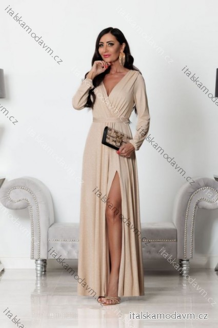 Šaty dlouhé elegantní třpytivé dlouhý rukáv dámské (S-2XL) POLSKÁ MÓDA PMLEL24SALMAB6 béžová 5XL