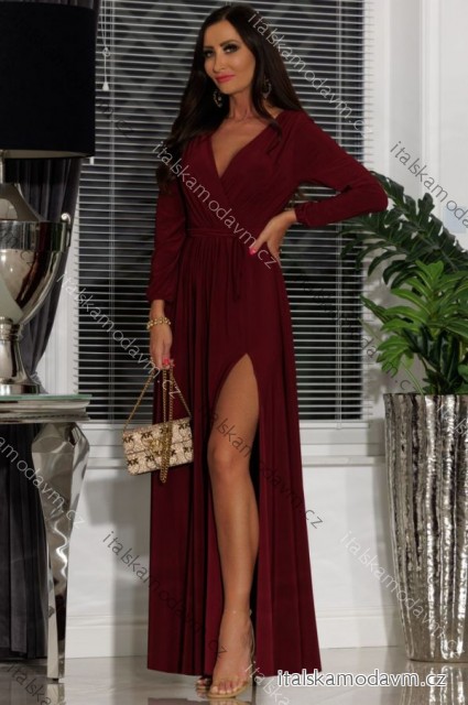 Šaty dlouhé společenské dlouhý rukáv dámské (S-2XL ONE SIZE) POLSKÁ MÓDA PMLEL25SALMANA4 vínová 2XL