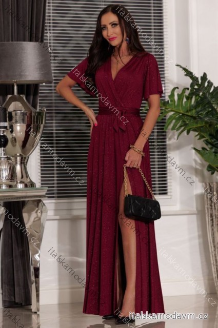 Šaty dlhé spoločenské krátky rukáv dámske (S - 2XL) POLSKÁ MÓDA PMLEL24BELLA vínová 5XL