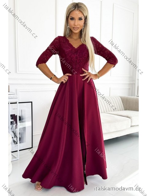 309-9 AMBER elegantné dlhé maxi šaty s čipkovým výstrihom - vínové NMC-309-9/DU vínová XXL