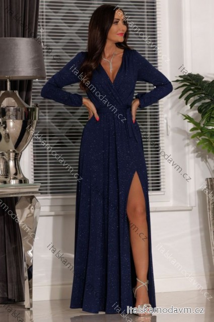 Šaty dlhé elegantné trblietavé dlhý rukáv dámske (S-2XL) POLSKÁ MÓDA PMLEL24SALMA-B/DUR 5XL tmavo modrá
