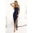 483-6 DIANE satin long dress with leg sliat - navy blue color