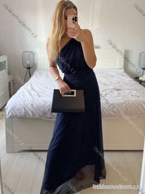 Šaty dlhé elegantné spoločenské bez rukávov dámske (S/M ONE SIZE) TALIANSKA MÓDA IMPSH223623/DUR tm. modrá S/M