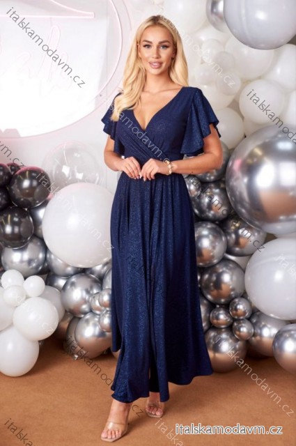 Šaty dlouhé společenské krátký rukáv dámské (36-60) POLSKÁ MÓDA PMLMR23ALICE-4/DUR tmavě modrá 56