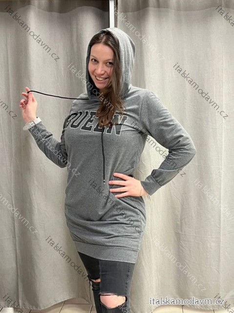Šaty mikinové s kapucí dlouhý rukáv dámské (M/L/XLONE SIZE) ITALSKÁ MÓDA IMC23359/DR   šedá   L/XL