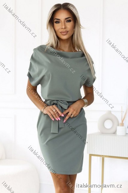 Šaty 240-4 ROXI s asymetrickou sukňou a opaskom - olivovej farby