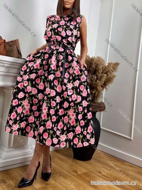Šaty letní květinové s páskem bez rukávu dámské nadrozměr (S/M/L ONE SIZE) ITALSKÁ MÓDA IMWGB25225/DUR čierna S/M/L