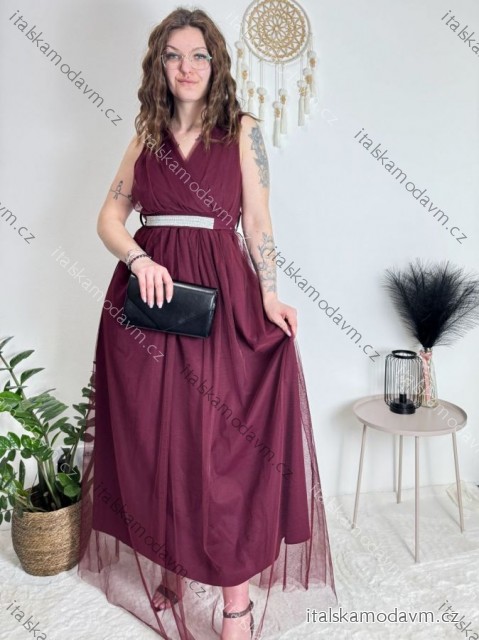 Šaty dlhé spoločenské elegantné plesové dámske (S/M ONE SIZE) TALIANSKA MÓDA IMM22Q52232/DUR vínová tm. S/M/L