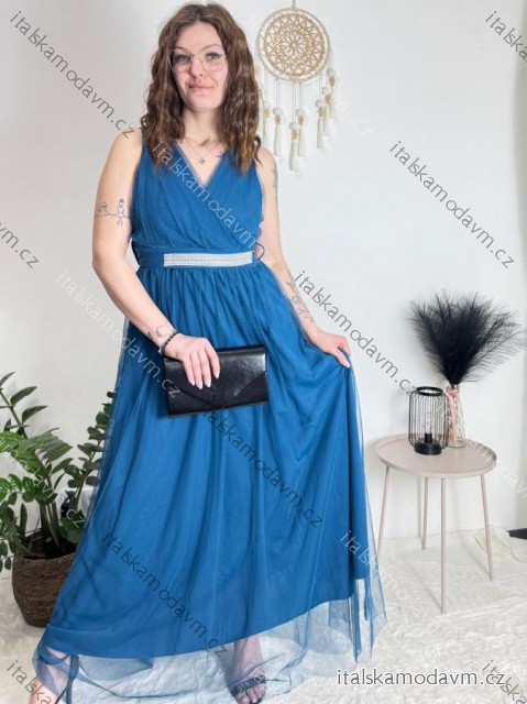 Šaty dlouhé společenské elegantní plesové dámské (S/M ONE SIZE) ITALSKÁ MÓDA IMM22Q52232/DUR petrolejová S/M/L