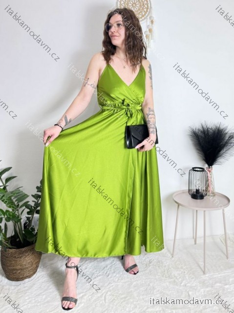 Šaty dlouhé letní saténové s páskem na ramínka dámské  (S/M ONE SIZE) ITALSKÁ MÓDA IMM22INFINITE/DUR -   zelená hrášková -   S/M