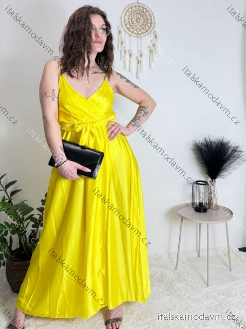 Šaty dlouhé letní saténové s páskem na ramínka dámské  (S/M ONE SIZE) ITALSKÁ MÓDA IMM22INFINITE/DUR -   žlutá -   S/M