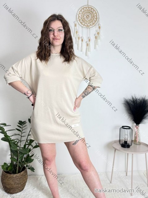 Šaty krátké oversize 3/4 dlouhý rukáv dámské  (M/L/XL ONE SIZE) ITALSKÁ MÓDA IMD25009/DUR béžová L/XL