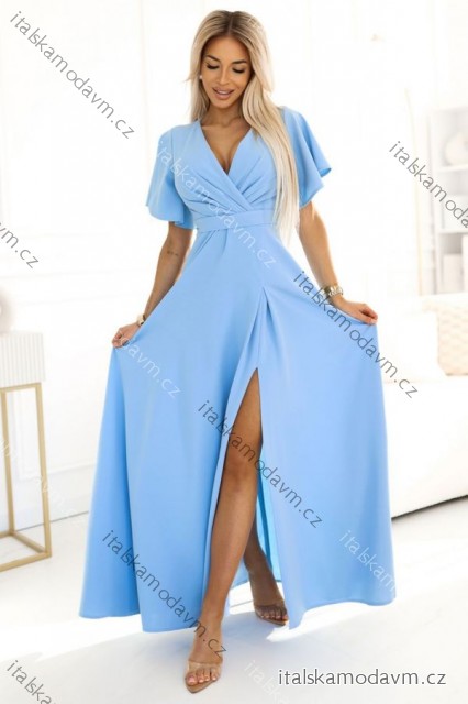 Šaty spoločenské dlhé elegantné s rázporkom krátky rukáv JENNIFER dámske (S-2XL) poľská moda NMC-581-3/DUR