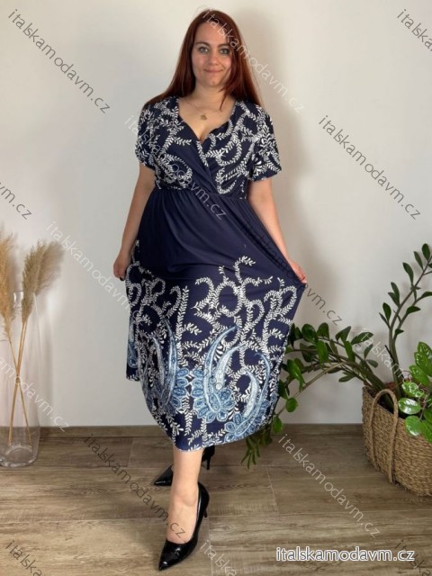 Šaty voľnočasové letné krátky rukáv dámske nadrozmer (50/52/54 ONE SIZE) TALIANSKA MÓDA IM425CARLOTTA/DUR 52/54 tmavo modrá