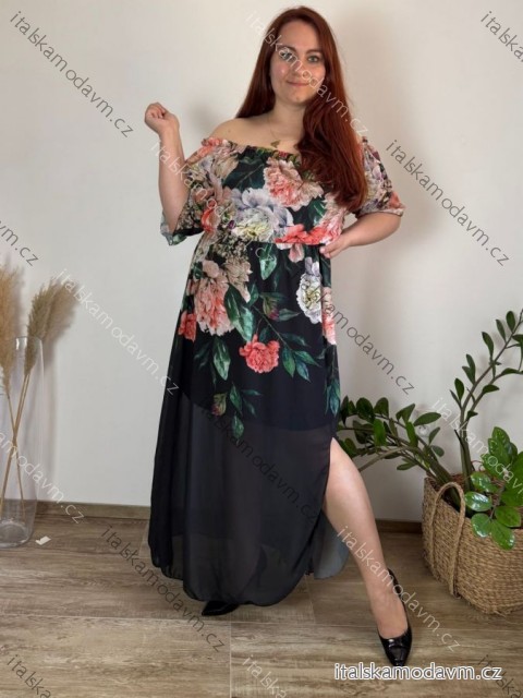 šaty dlouhé šifon carmen květované dámské nadrozměr (52/54/56 ONE SIZE) ITALSKÁ MÓDA IMWT24075/DUR -   Černá -   54/56