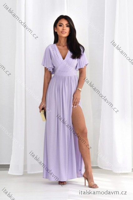 Šaty dlhé elegantný krátky rukáv dámske nadrozmer (36-48) POLSKÁ MÓDA PMLMC25CELINE fialová svetlá 42
