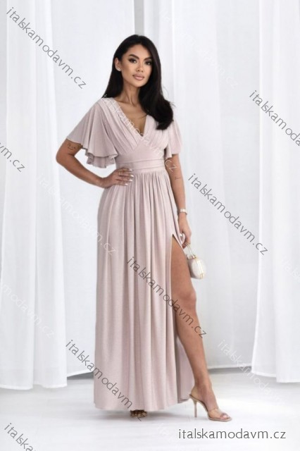 Šaty dlouhé elegantní krátký rukáv dámské nadrozměr (36-48) POLSKÁ MÓDA PMLMC25CELINE4 béžová 38