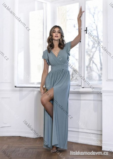 Šaty dlhé elegantné trblietavé krátky rukáv dámske nadrozmer (36-48) POLSKÁ MÓDA PMLMC25SELENA3 zelená olivová 48