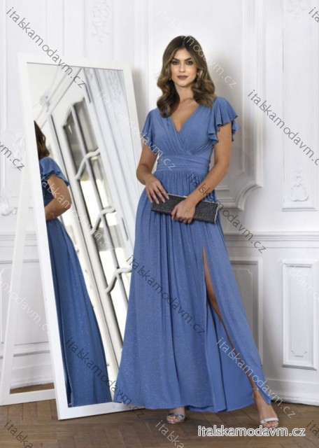 Šaty dlouhé elegantní třpytivé krátký rukáv dámské nadrozměr (36-48) POLSKÁ MÓDA PMLMC25SELENA4 modrá džínová 46