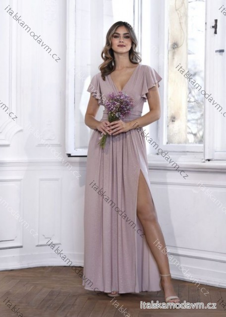 Šaty dlhé elegantné trblietavé krátky rukáv dámske nadrozmer (36-48) POLSKÁ MÓDA PMLMC25SELENA5 béžová 38