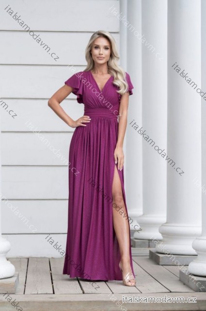Šaty dlhé elegantné trblietavé krátky rukáv dámske nadrozmer (36-48) POLSKÁ MÓDA PMLMC25SELENA8 růžová fuchsiová 46