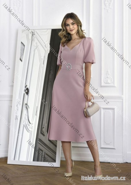 Šaty elegantné s opaskom krátky rukáv dámske nadrozmer (36-46) POLSKÁ MÓDA PMLMC25PARIS1 ružová staroružová 46