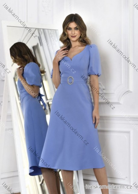 Šaty elegantní s páskem krátký rukáv dámské nadrozměr (36-46) POLSKÁ MÓDA PMLMC25PARIS3 modrá džínová 42