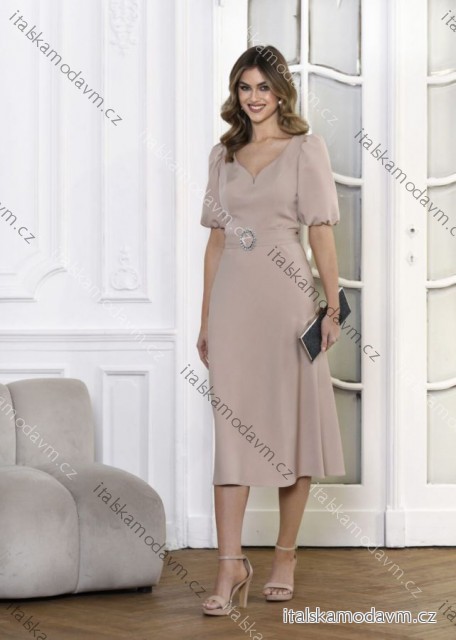 Šaty elegantné s opaskom krátky rukáv dámske nadrozmer (36-46) POLSKÁ MÓDA PMLMC25PARIS6 béžová 36