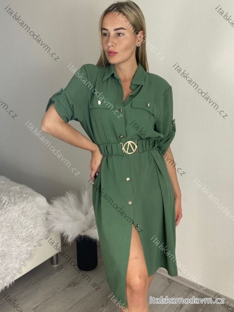 Šaty košilové s páskem 3/4 dlouhý rukáv dámské MILANO (XS/S/M ONE SIZE) ITALSKÁ MÓDA IMD25102/DUR S/M zelená khaki