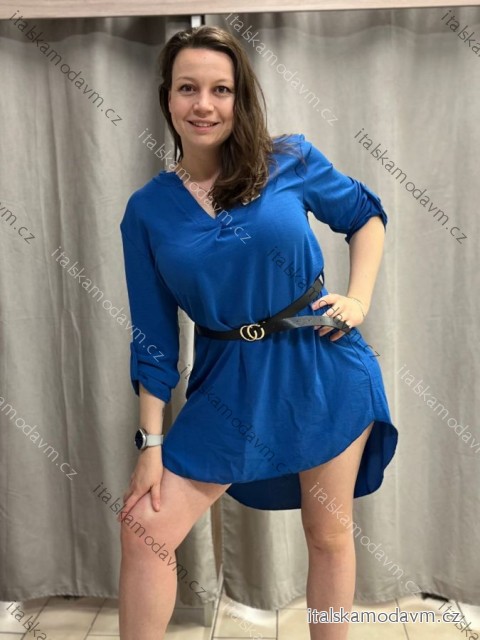 Tunika predĺžená/Šaty s opaskom dlhý rukáv dámska nadrozmer (XL/2XL ONE SIZE) TALIANSKA MÓDA IMC22112/DUR kr. modrá XL/2XL