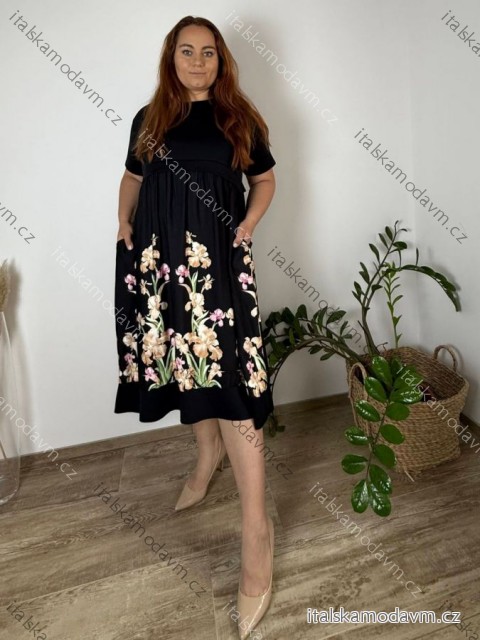 Šaty krátky rukáv dámske nadrozmer FLOWER (50/52/54 ONE SIZE) TALIANSKA MÓDA IMSM25FLOWER