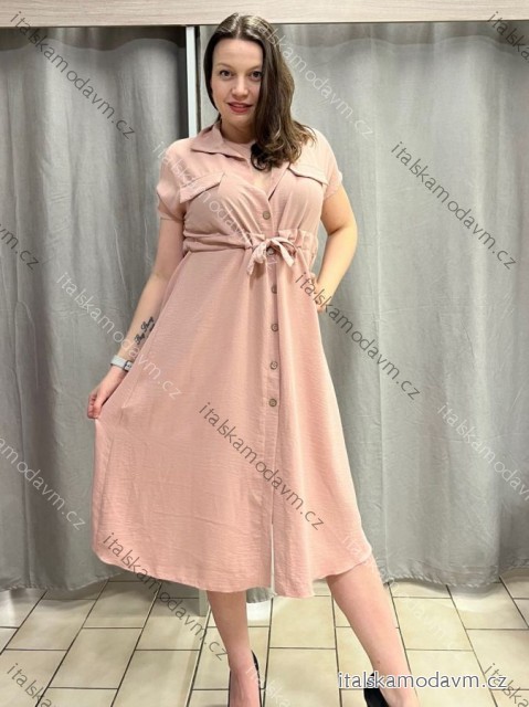 Šaty dlhé košeľové krátky rukáv dámske nadrozmer TIEN (42/44/46 ONE SIZE) TALIANSKA MÓDA IMC25222/DUR  ružová staroružová