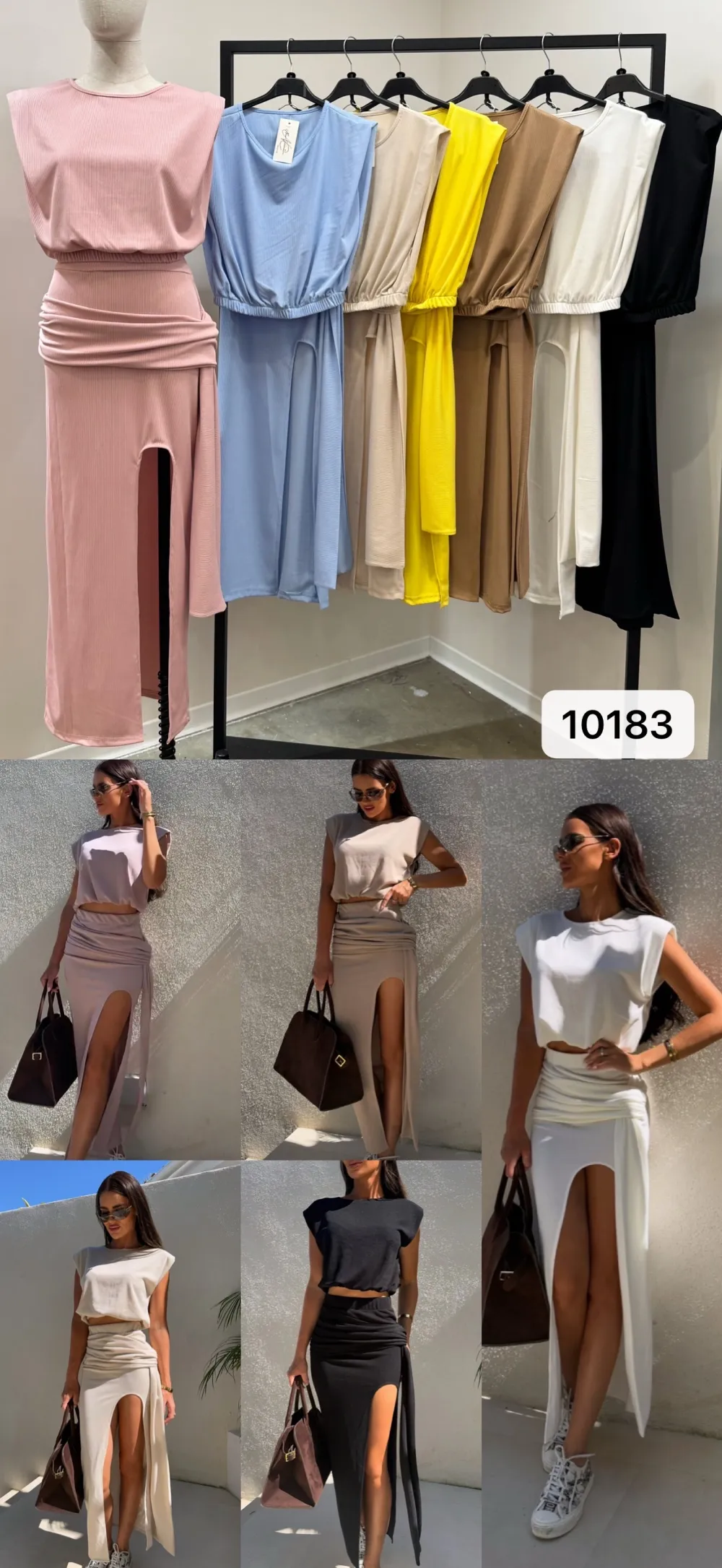 Souprava letní croptop krátký rukáv a sukně dlouhá dámská (S/M/L ONE SIZE) ITALSKÁ MÓDA IMPOC2510183