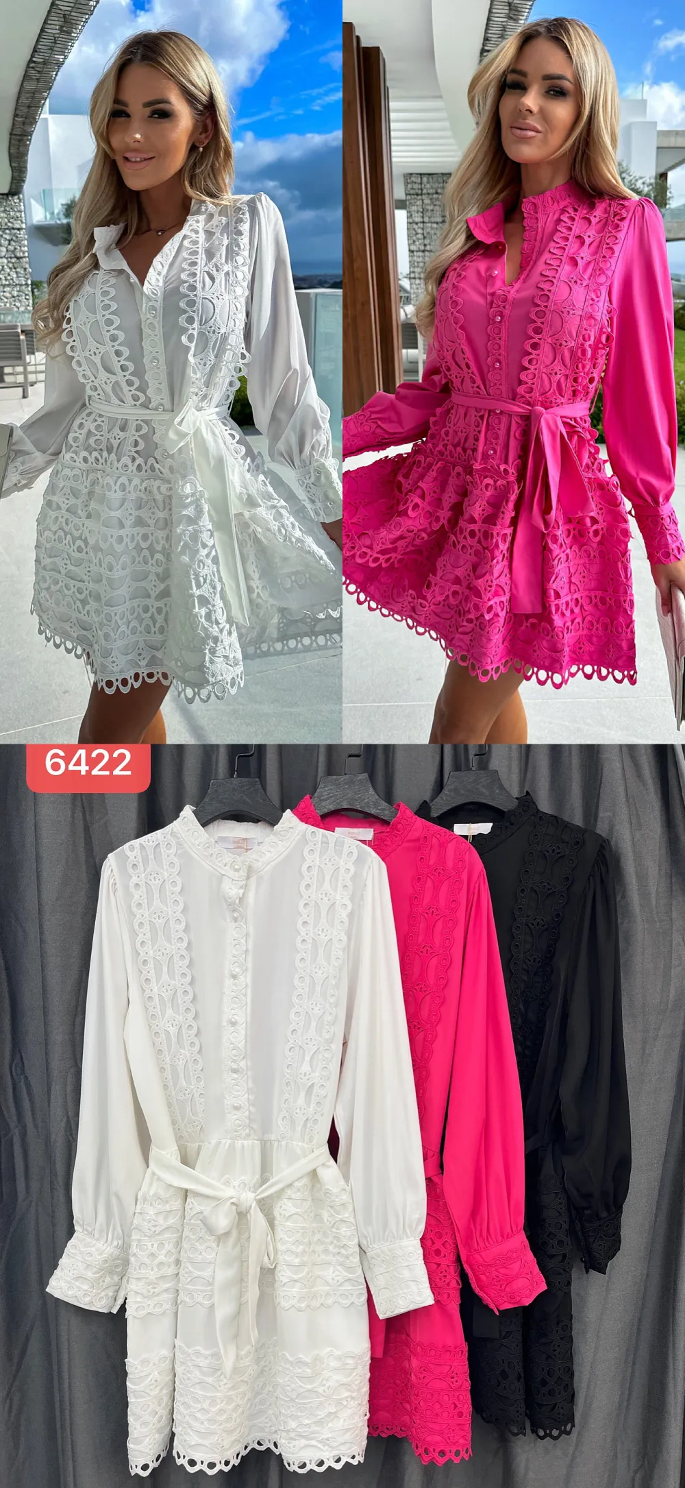 Šaty krátke letné krajkové dlhý rukáv dámske (S/M/L ONE SIZE) TALIANSKA MÓDA IMPOC256422