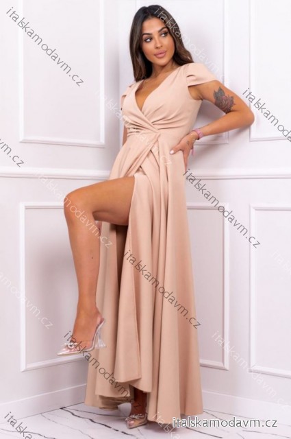 Šaty dlouhé elegantní společenské bez rukávu dámské nadrozměr GALA (36-52) POLSKÁ MÓDA PMLBF24GALA1/DR 50 béžová