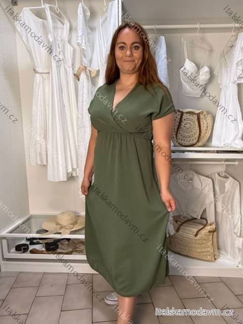 Šaty elagantní košelové s opaskom krátky rukáv dámske Luka (42/44/46 ONE SIZE) TALIANSKA MÓDA IMD25084/DUR  zelená khaki