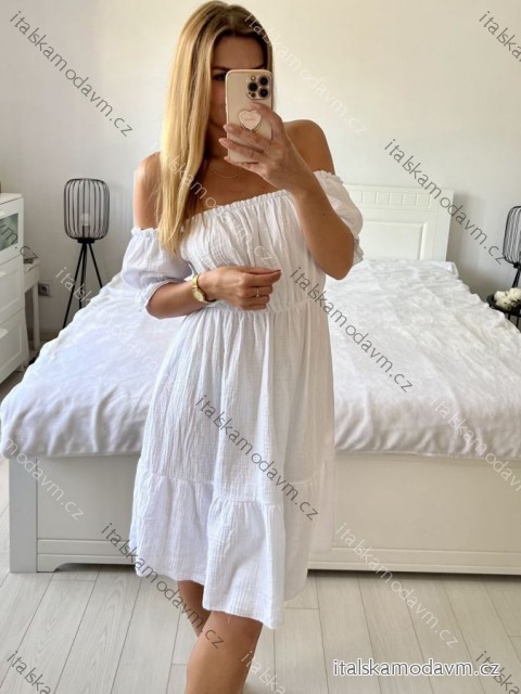 Šaty letní mušelínové carmen krátký rukáv dámské (S/M/L ONE SIZE) ITALSKÁ MÓDA IMWAE24542/DUR M/L bílá