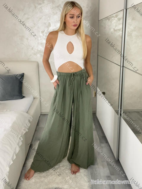 Kalhoty letní dlouhé oversize dámské COLORE (S/M/L ONE SIZE) ITALSKÁ MÓDA IM425271/DUR khaki S/M/L