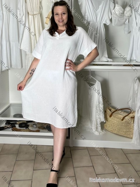 Šaty voľnočasové letný mušelín krátky rukáv dámske nadrozmer IRINA (50/52/54 ONE SIZE) TALIANSKA MÓDA IM425419/DU 50/52/54 biela