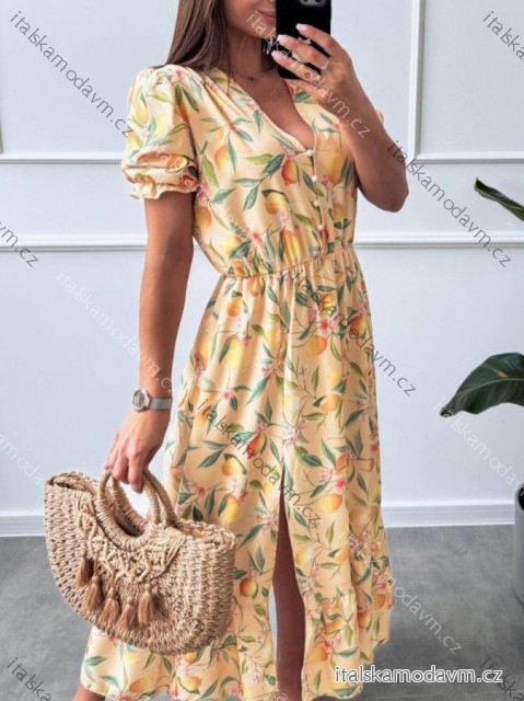 Šaty dlouhé letní lemon citronky krátký rukáv dámské (XS/S/M ONE SIZE) ITALSKÁ MÓDA IMWG251451