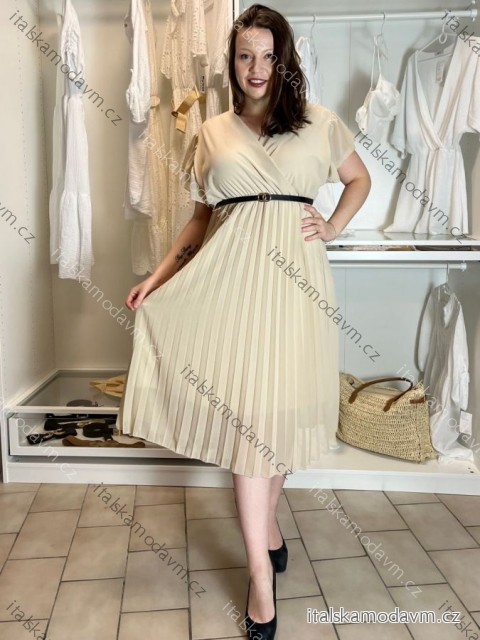 Šaty dlouhé letní šifonové elegantní skládané s páskem krátký rukáv dámské LAJLA (S/M/LONE SIZE) ITALSKÁ MÓDA IMWHA251214/DUR S/M/L béžová