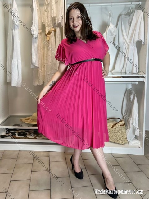 Šaty dlouhé letní šifonové elegantní skládané s páskem krátký rukáv dámské LAJLA (S/M/LONE SIZE) ITALSKÁ MÓDA IMWHA251214/DUR S/M/L tmavě růžová