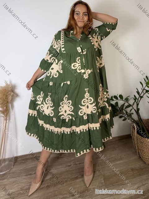 Šaty elegantné letné 3/4 dlhý rukáv dámske nadrozměr LUDMILA (50/52/54 ONE SIZE) TALIANSKA MÓDA IMPLI243735/DUR 50/52/54 zelená khaki