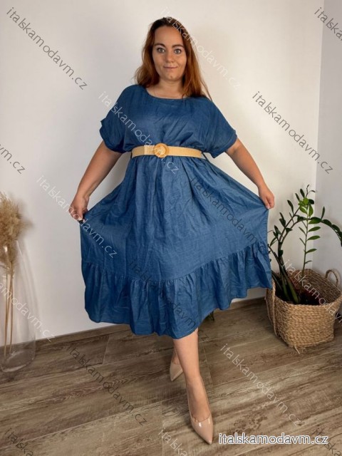 Šaty s páskem letní krátký rukáv dámské nadrozměr EMMA (48/50/52 ONE SIZE) ITALSKÁ MÓDA IM42530002/DU 48/50/52 tmavě modrá