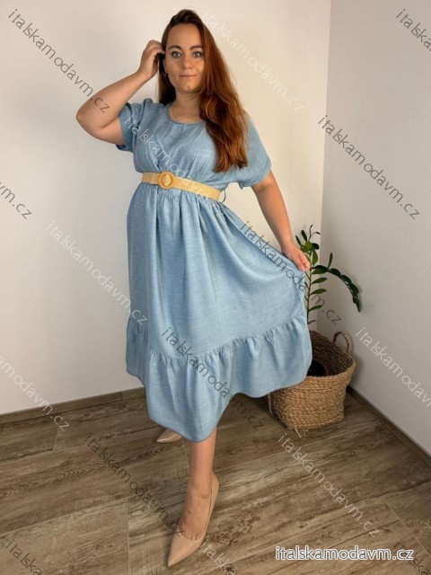 Šaty s páskem letné krátky rukáv dámske nadrozmer EMMA (48/50/52 ONE SIZE) TALIANSKA MÓDA IM42530002/DUR  svetlo modrá
