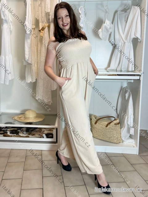Overal dlouhý elegantní žabičkovaný carmen bez rukávu dámský (S/M/L ONE SIZE) ITALSKÁ MÓDA IM425322/DUR béžová S/M/L